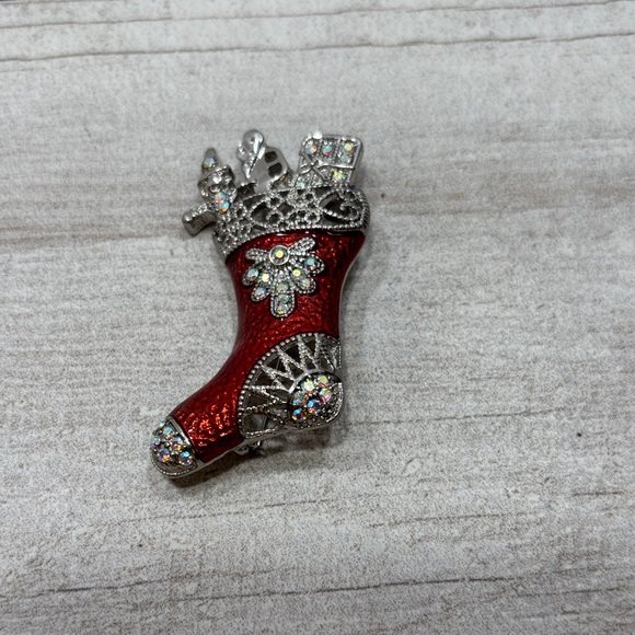Jewelry - Vintage Red Enamel Silver Rhinestone Christmas Stocking Holiday Brooch Pin
